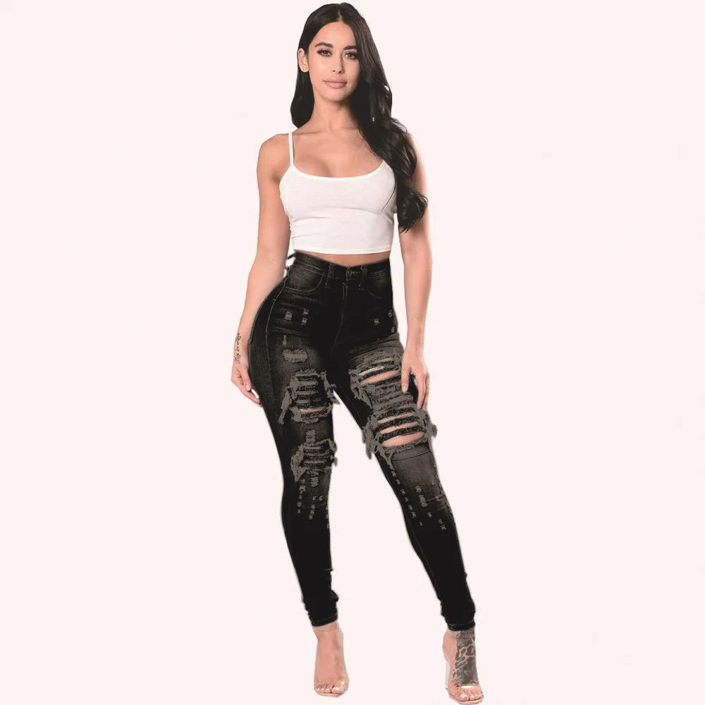 Europe and America Fashion Stretch Washed Ripped Jeans, Women's Spring and Autumn New Slim-fit High-waisted Small Feet Pants