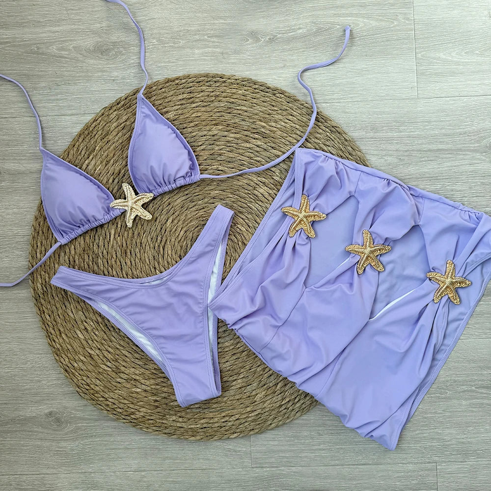 Sexy starfish 3 Pieces Bikinis 2025 Swimsuit For Women Black Swimwear Brazilian Bikini Set Biquini Female Swimuits Beachwear
