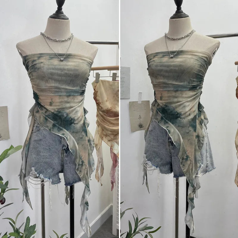 Women's Tie Dye Ruffled Ribbon Mesh Tube Top Irregular Mesh Sleeveless Tube Top Sexy Backless Vest Party Leisure Essential 9956
