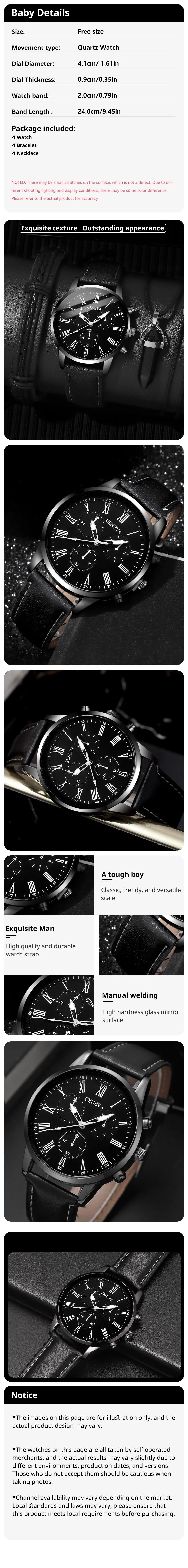 3PCs Fashion Business Casual Men's Belt Quartz Watch with PU Leather Woven Bracelet Necklace Combination Set