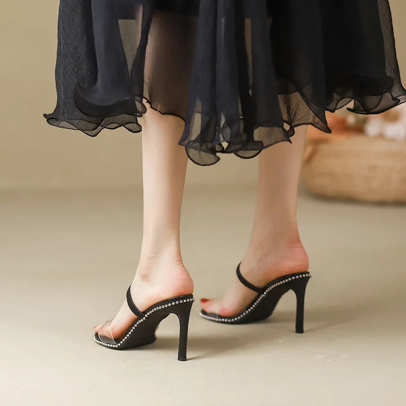 Female Sandal Black Shoes for Women High Heels All-Match Girls Sexy Beige High-heeled Comfort Fashion Low Real Back Strap Pumps