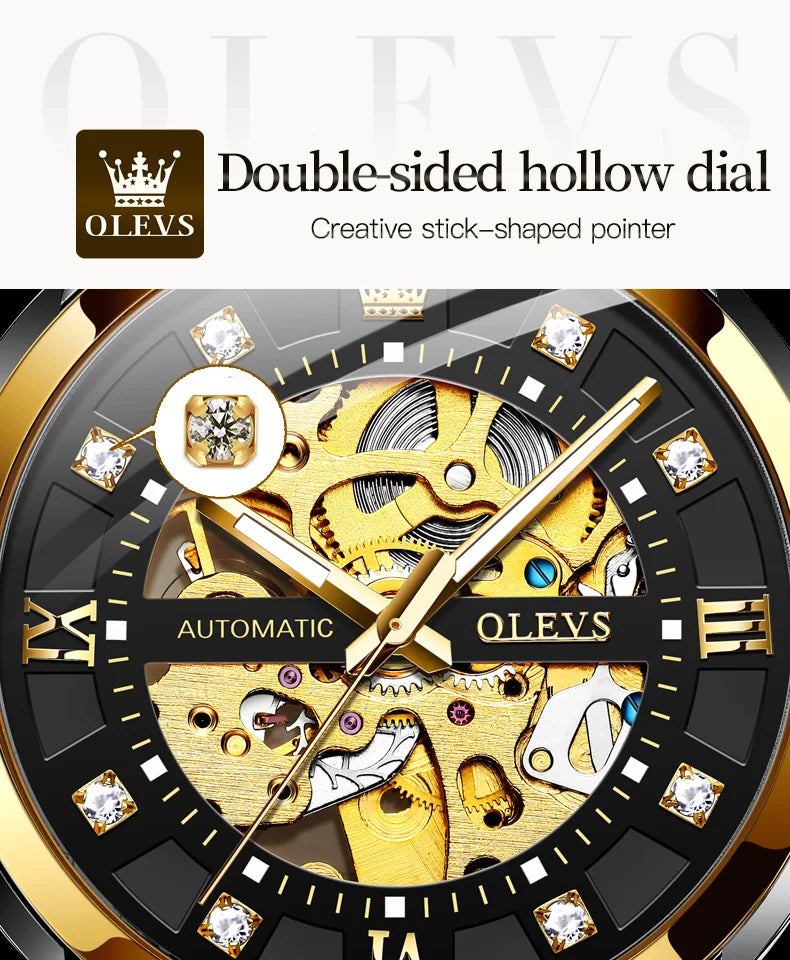 OLEVS Skeleton Watch Men Waterproof Luminous Casual Automatic Mechanical Watche Sports Men Black Steel Wristwatch Reloj Hombre