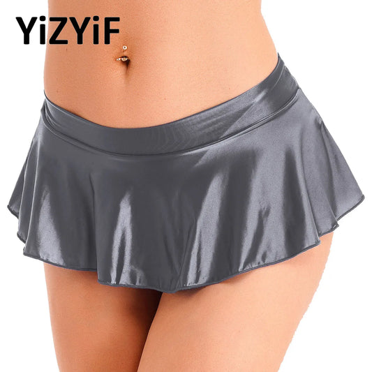 Womens Glossy Mini Skirts Solid Color Shiny Low Rise Elastic Waistband Pool Party Nightclub Ruffled Skirt Bikini Cover Ups