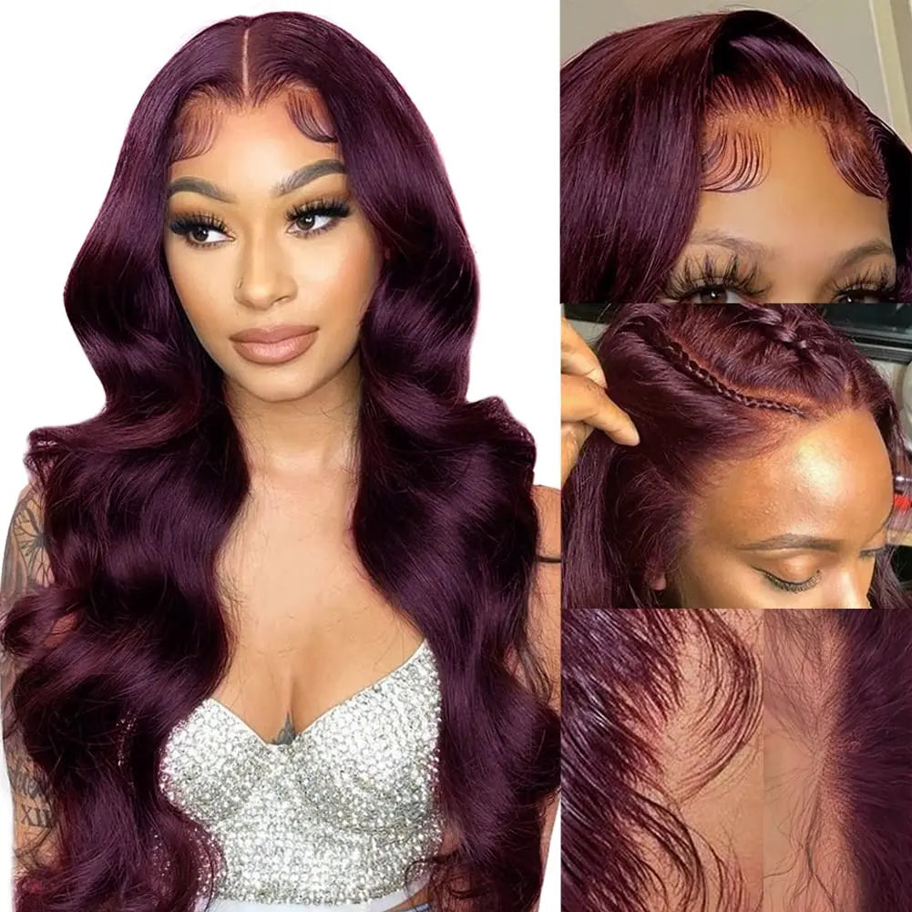 Dark Burgundy Lace Front Wigs Synthetic Body Wave Lace Wigs for Women Deep Purple 13X4 HD Lace Front Wigs T Part Glueless Wig