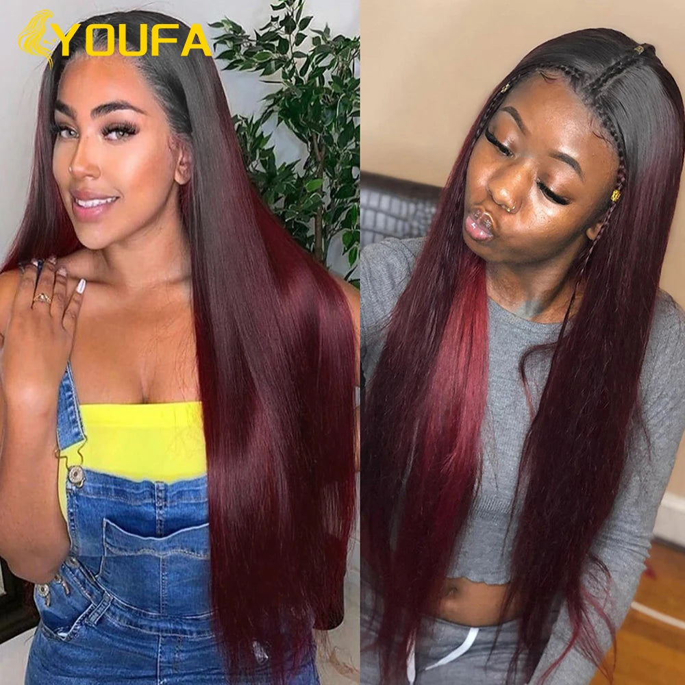 YOUFA 1B 99J Human Hair Bundles With Closure Pre Plucked Ombre Dark Burgundy Straight Hair Weave Bundles With 4x4 Lace Closure
