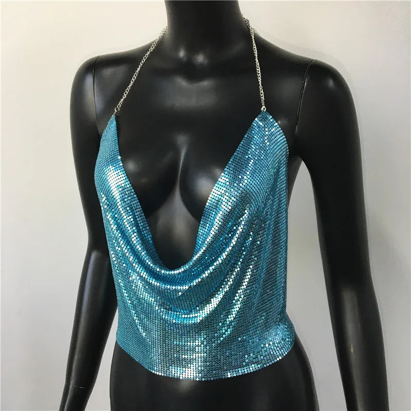 Sexy Metal Sequins Tank Top For Women 2025 Summer V Neck Backless Crop Tops Luxury Solid Short Party Nightclub Tank Tops