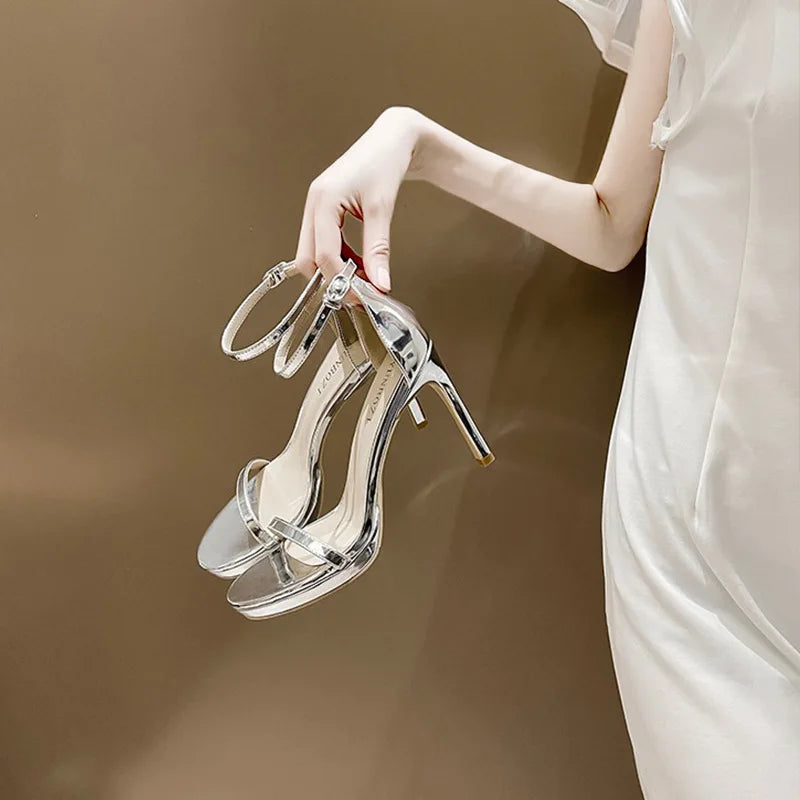 High Heel Sandal for Women All-Match Buckle Strap 2025 Summer Espadrilles Platform Female Shoe High-heeled Fashion Stiletto Silv