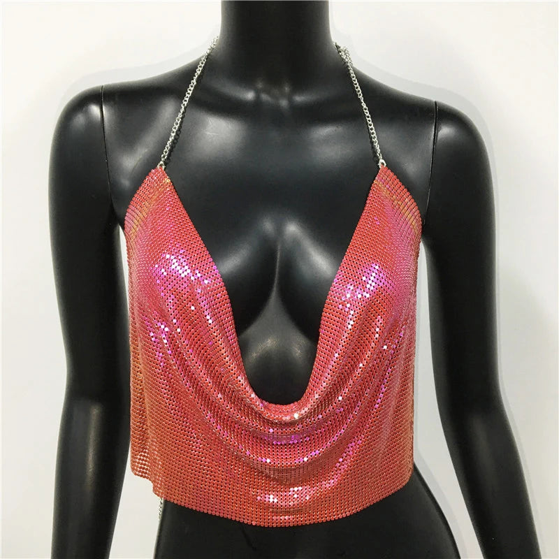 Women 2025 Sexy Metal Sequined Tank Camis Summer Gold Silver Backless Cropped Glitter Beach Club Show Wear Tank Tops