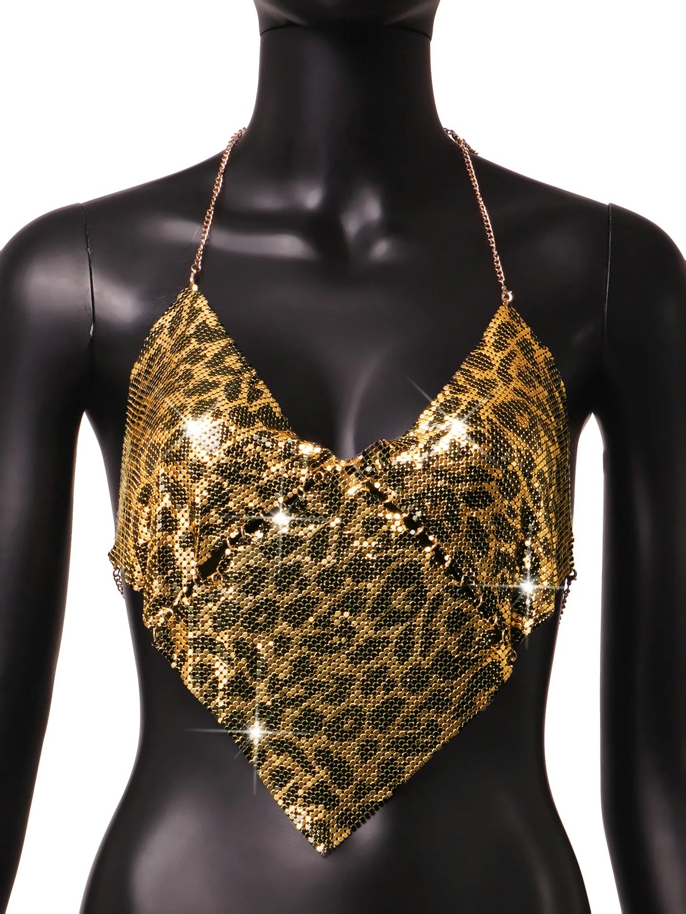 Metal Sequin Top V-Neck Tops Golden Leopard Pattern Nightclub Streetwear for Women Nightclub Party Bounce wear