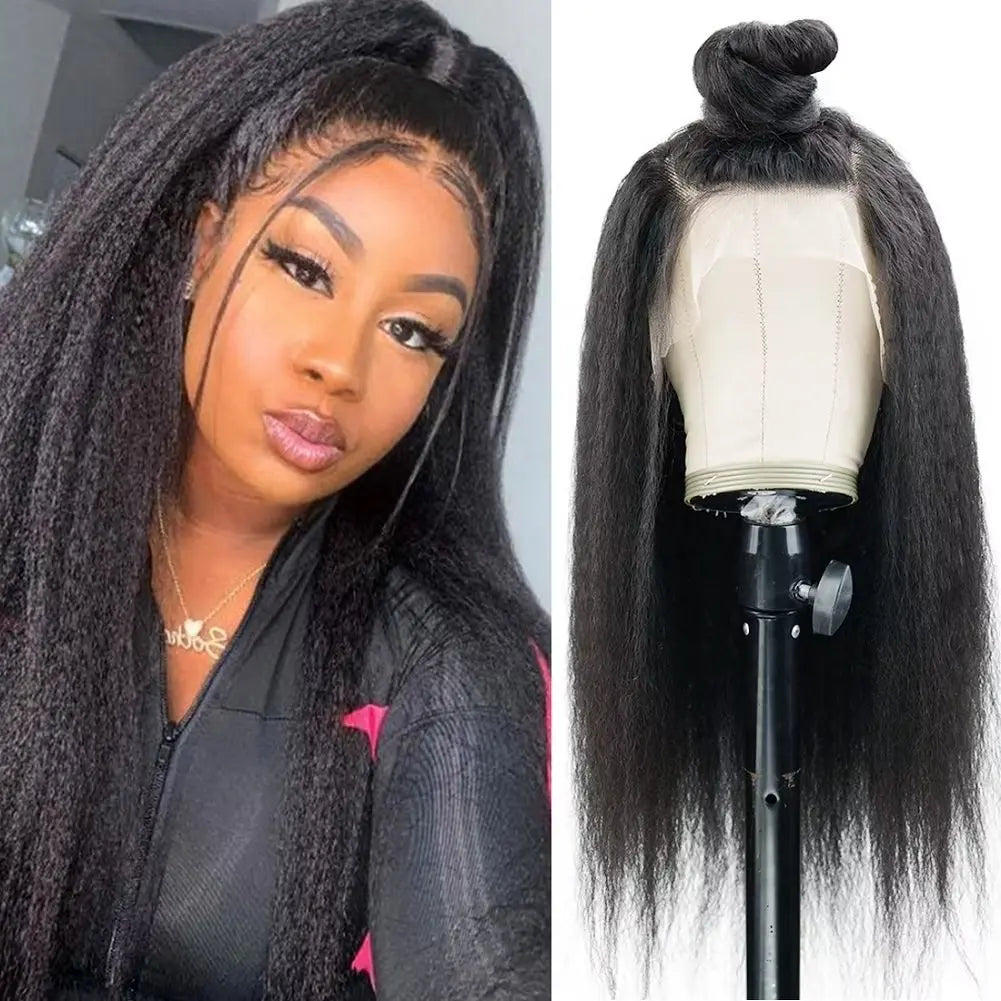 Kinky Straight Lace Front Wigs Human Hair 13x4 Yaki Straight Human Hair Lace Front Wigs Pre Plucked Transparent Wigs 12"-30"
