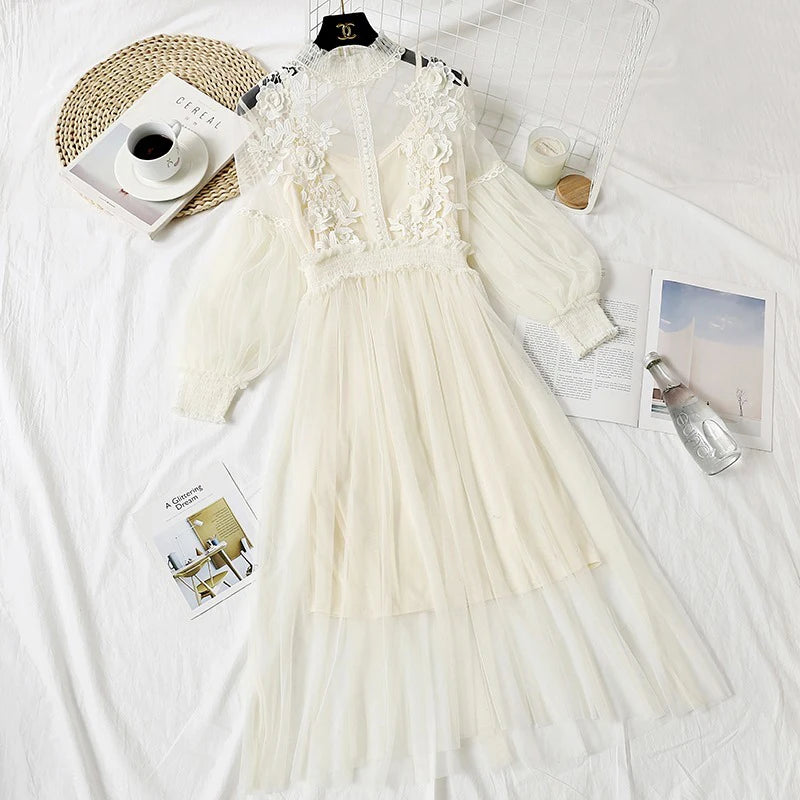 Lace Flower Dress Women Lantern Sleeve Voile Long Dress Female Hook Princess Dresses 2 Piece Set New Robe Vestidos 12041