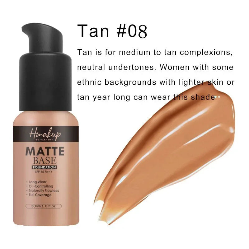 30ml Matte Liquid Foundation 6 Colors Natural Concealer Oil Control Waterproof Lasting Full Coverage Facial Base Makeup Cosmetic