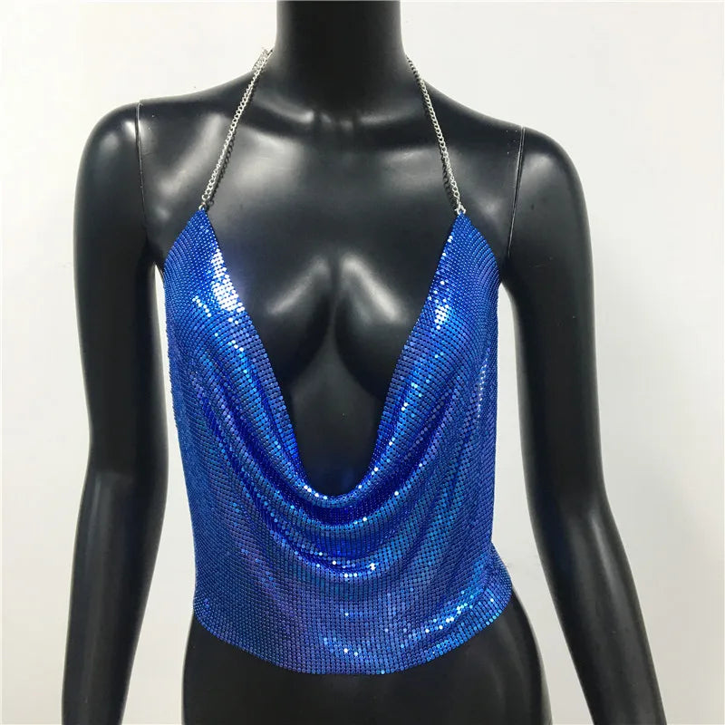 Sexy Metal Sequins Tank Top For Women 2025 Summer V Neck Backless Crop Tops Luxury Solid Short Party Nightclub Tank Tops