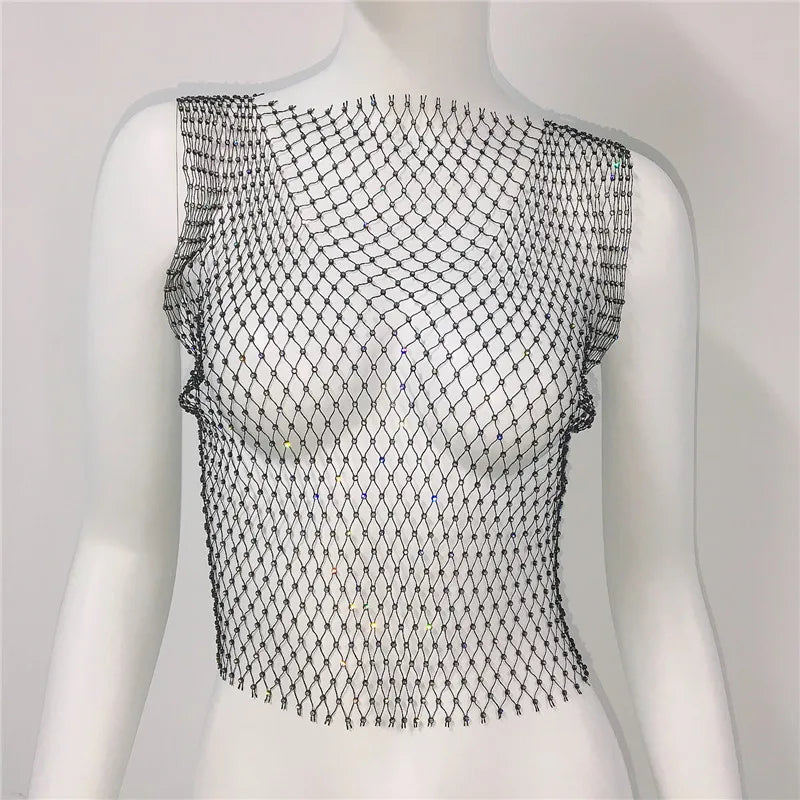 New Sexy Mesh Crop Tops for Women Summer Rhinestones Fashion Party Club See Through Fishnet Tank Hollow Out Backless Top