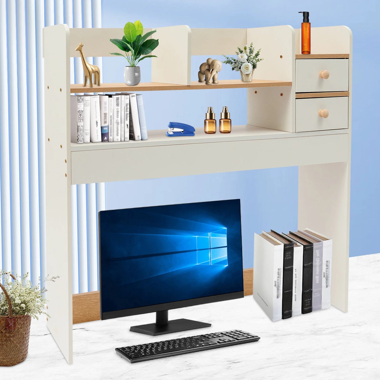 2-Tier MDF Office Dormitory Desktop Shelf Storage Computer Desk Tiered Cabinet Home Storage Holders Layered Shelf Display Rack