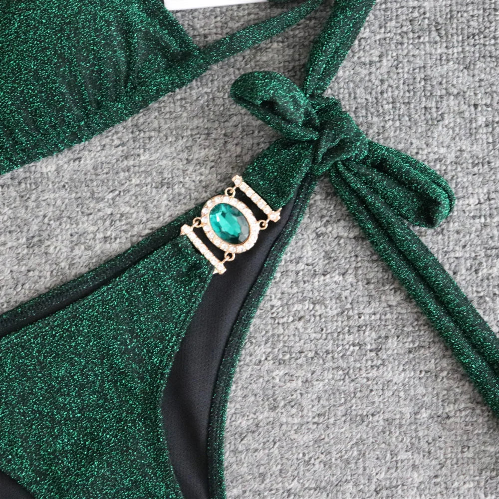 2025 Sexy Bikinis Swimsuit With Rhinestones Solid Color Swimwear Female Push Up Bikini Beach Swimming Bathing Suit Women Bather
