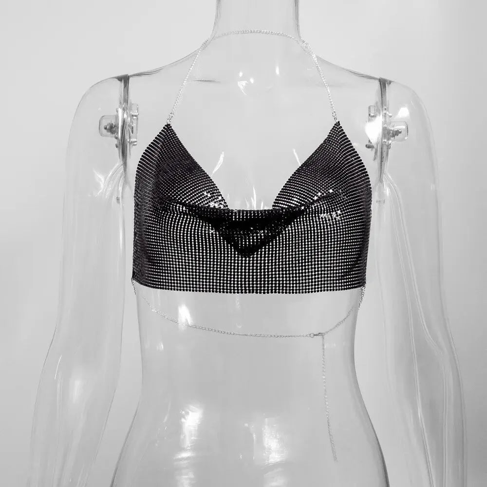 Sexy Summer Sequin Metal Crop Tops Suspenders Halter Backless Night Club Tank Top 2024 New Women Clothing Fashion Y2k Tops