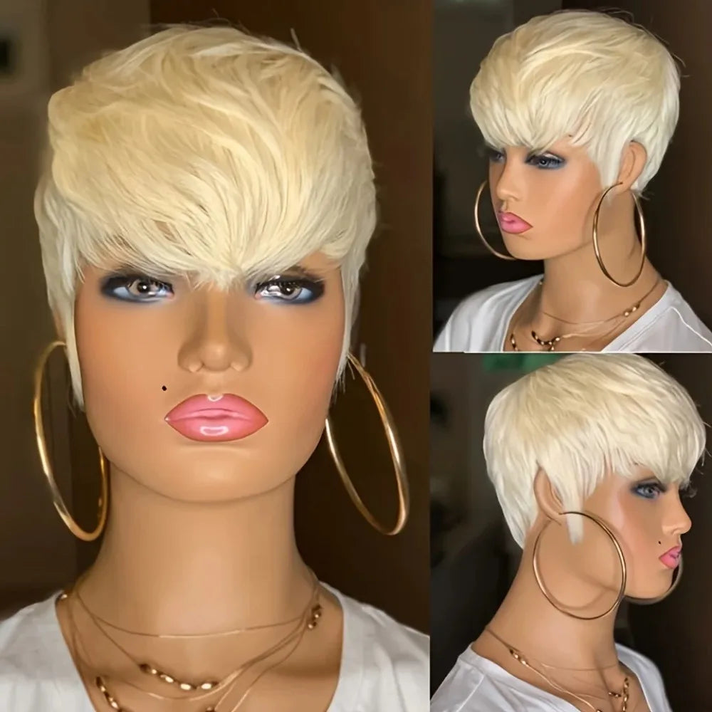 Hair Human Hair Wig For Black Women Pixie Cut Wig Short Bob Straight Human Hair  machine made Wigs With Bangs