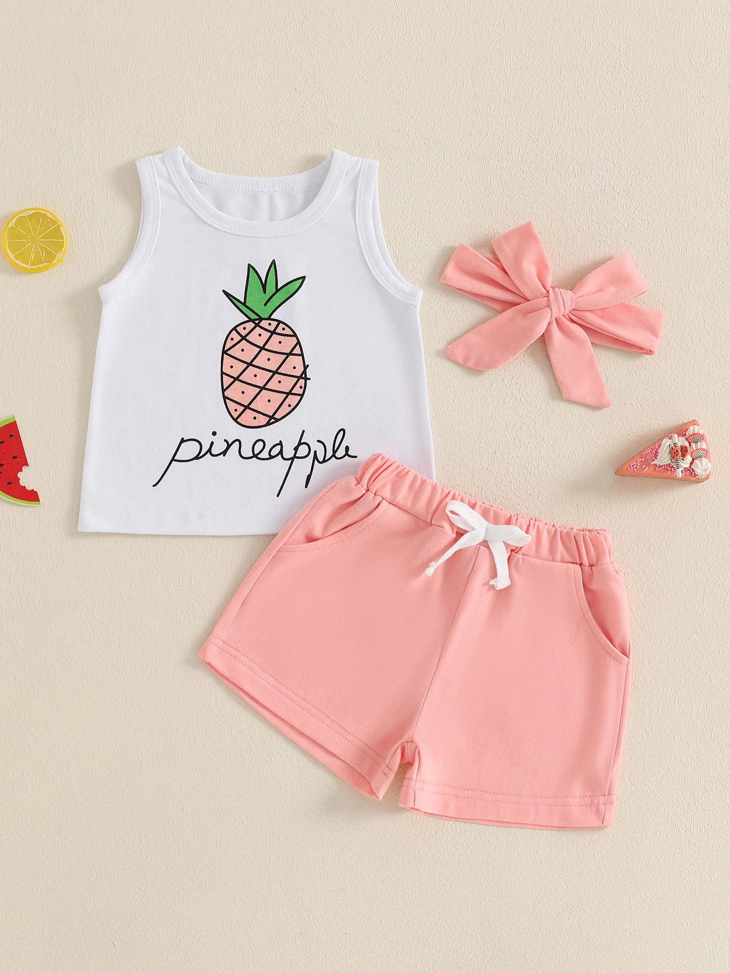 Adorable Infant Girl Tropical Print Sleeveless Top Elastic Waist Shorts Matching Headband 3 Piece Outfit Set for Summer