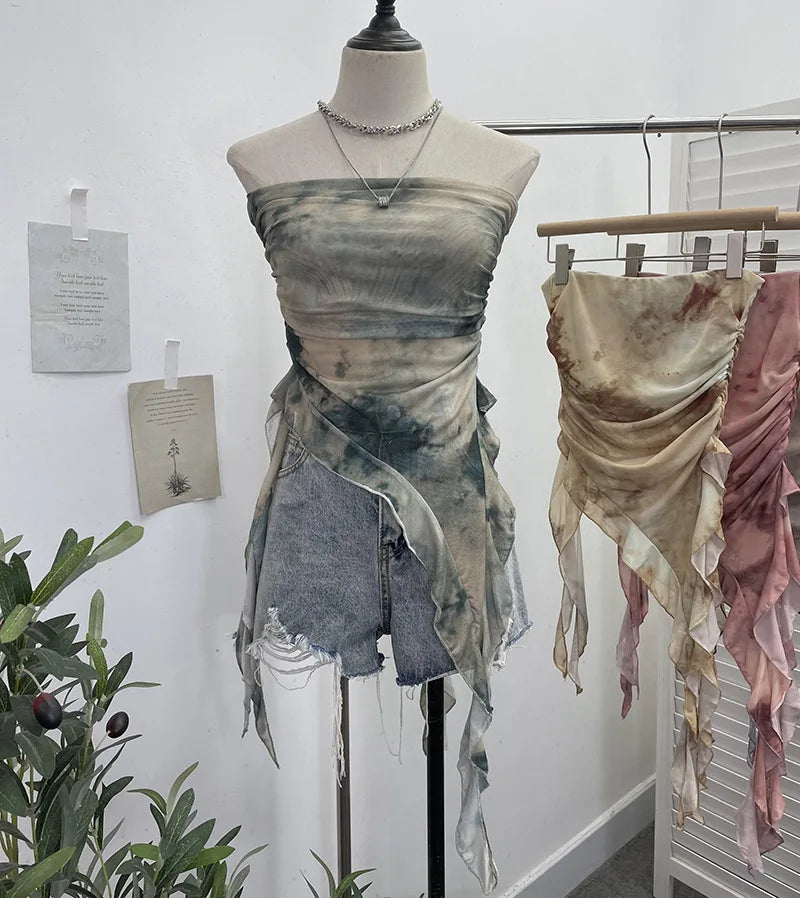 Women's Tie Dye Ruffled Ribbon Mesh Tube Top Irregular Mesh Sleeveless Tube Top Sexy Backless Vest Party Leisure Essential 9956