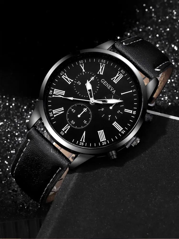 3PCs Fashion Business Casual Men's Belt Quartz Watch with PU Leather Woven Bracelet Necklace Combination Set