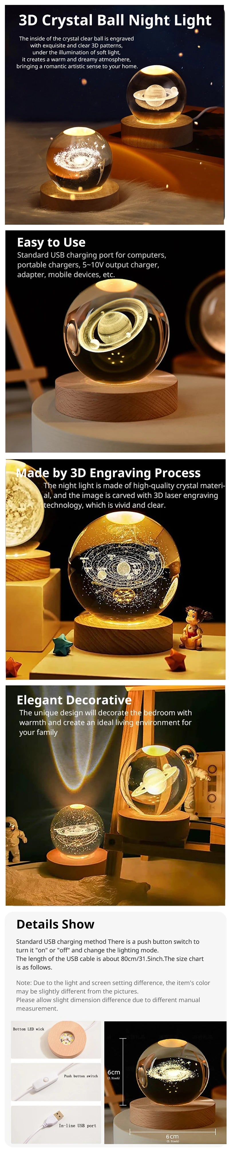 LED Night Light Milky Way Galaxy Solar System Crystal Ball Children Night Lamp Bedroom Ambient Light Creative Gift Night Light