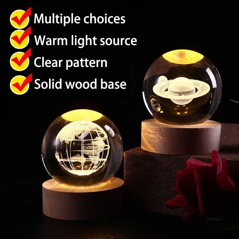 Luminous Crystal Ball LED Night Light Saturn Solar System 3D Moon Table Lamp USB Bedroom Atmosphere Lamp for Birthday Kid Gift