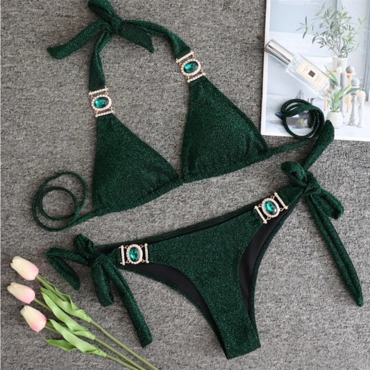2025 Sexy Bikinis Swimsuit With Rhinestones Solid Color Swimwear Female Push Up Bikini Beach Swimming Bathing Suit Women Bather