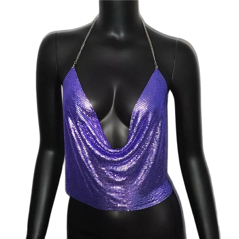 Sexy Metal Sequins Tank Top For Women 2025 Summer V Neck Backless Crop Tops Luxury Solid Short Party Nightclub Tank Tops