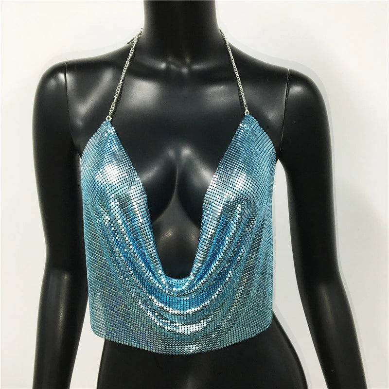 Women 2025 Sexy Metal Sequined Tank Camis Summer Gold Silver Backless Cropped Glitter Beach Club Show Wear Tank Tops