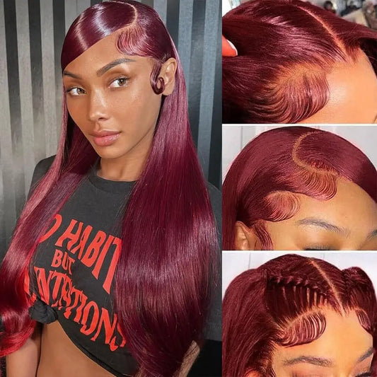 99j Burgundy Lace Front Wigs Human Hair 180% Density 13x4 Straight Lace Front Wigs Pre Plucked Wine Red Lace Front Wigs