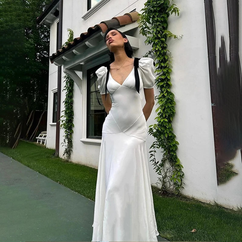 WhereMery Elegant Temperament Bow Summer Casual Maxi Dresses V-Neck Y2K Women's Long Dress Evening Party Office Holiday Vestidos