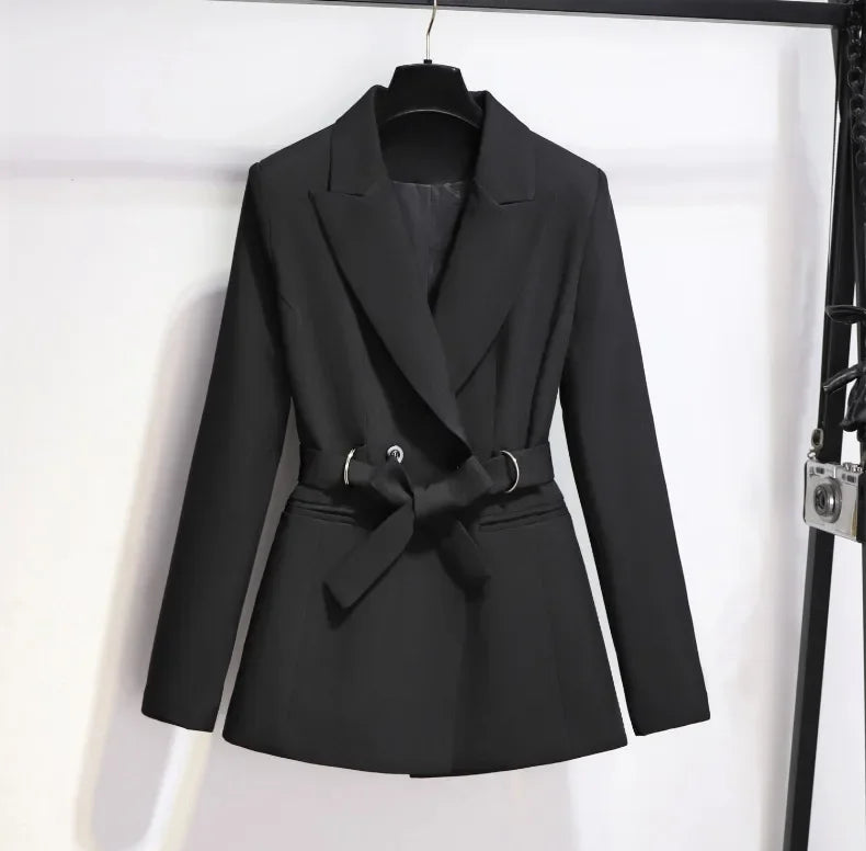 Women's Blazer 2024 Autumn New Korean Fashion Stylish Tie Waist Jacket Unique Luxurious Outerwear for Women Medium Length Jacket