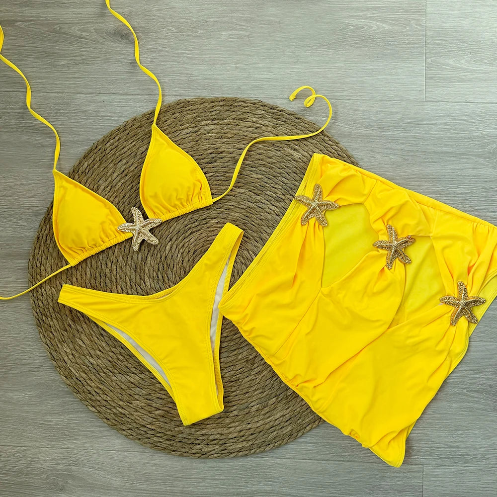 Sexy starfish 3 Pieces Bikinis 2025 Swimsuit For Women Black Swimwear Brazilian Bikini Set Biquini Female Swimuits Beachwear