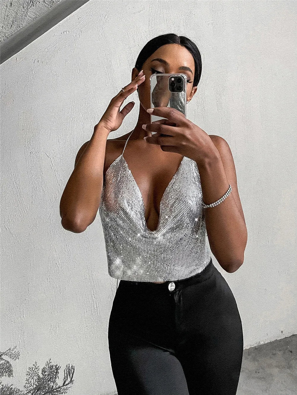 Women's Sexy Metal Sequins Open Back Chain Sling Vest Top Sexy Nightclub Party Tank Tops ﻿