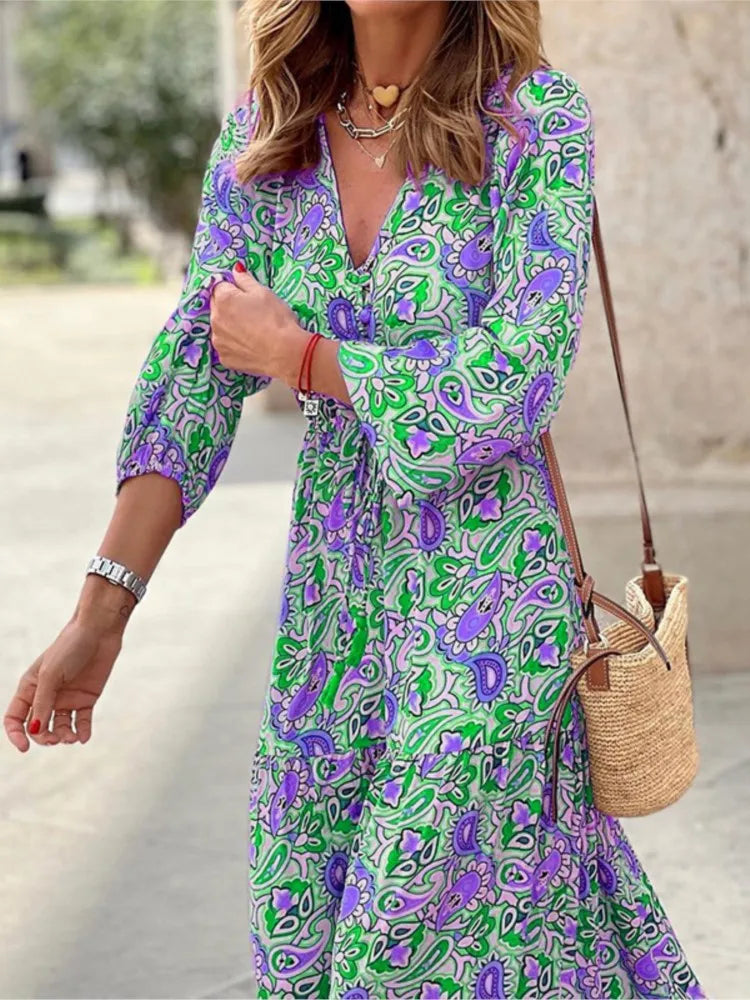 .Women's Autumn New Fashionable Printed Sexy V-neck Long Sleeve High Waist .Elastic Waist Medium Length Bohemian Dress