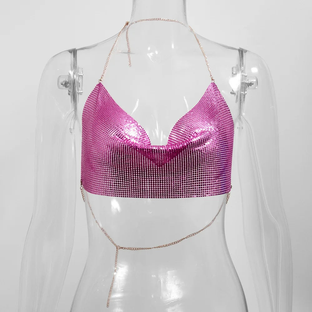 Glitter Metal Sequins Crop Tops For Women Sexy V Neck Backless Halter Tank Top Rave Party Nightclub Camisole Croppe