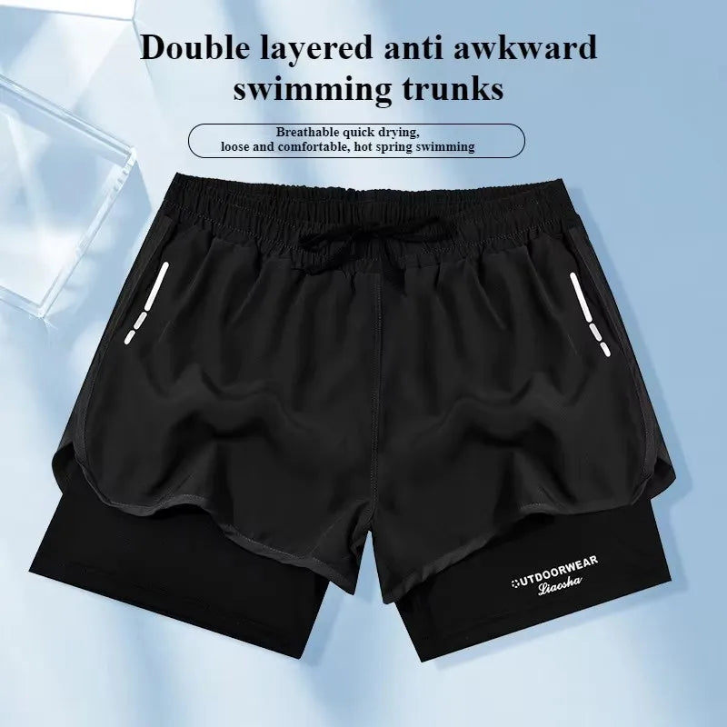 Men's Aloe Pants Athletic Shorts Two-Layer Swim Trunks: Quick-Drying, Stylish & Comfortably Fit for Beach, Pool & Hot Spring