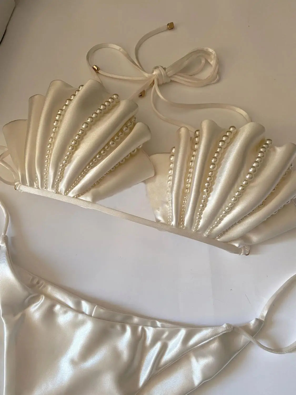 High-Grade Pearl White Bikini Women's Small Chest Push up Swimsuit Seaside Vacation