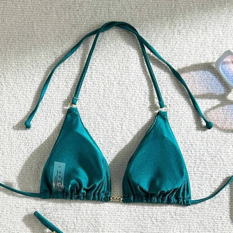 Metal Buckle Swimwear Women Micro Bikini Solid Lace Up Triangle Halter Backless Thong Bathing Suit Beach Vacation Bikini Set