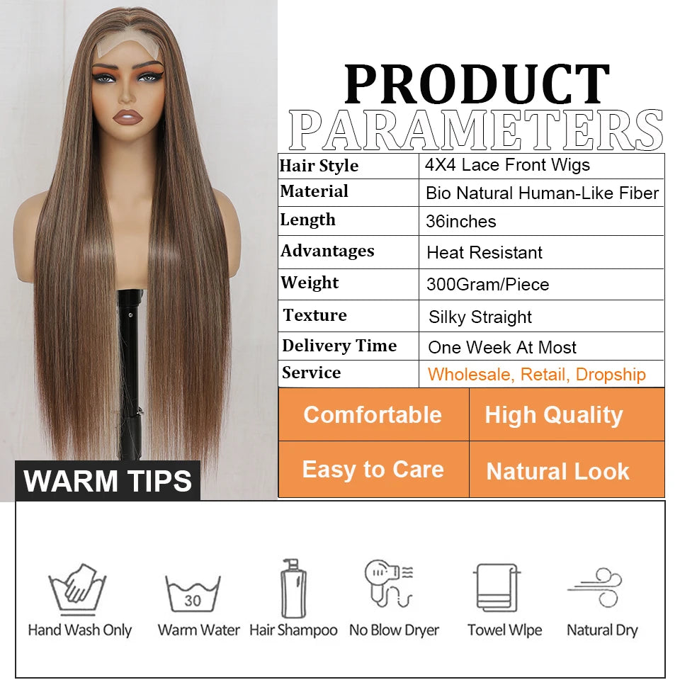 36Inches Straight 4X4 Lace Front Wigs 330Grams Blond 27/613 Chestnut Brown Bio Heat Resistant Fiber Pre Plucked Transparent Lace
