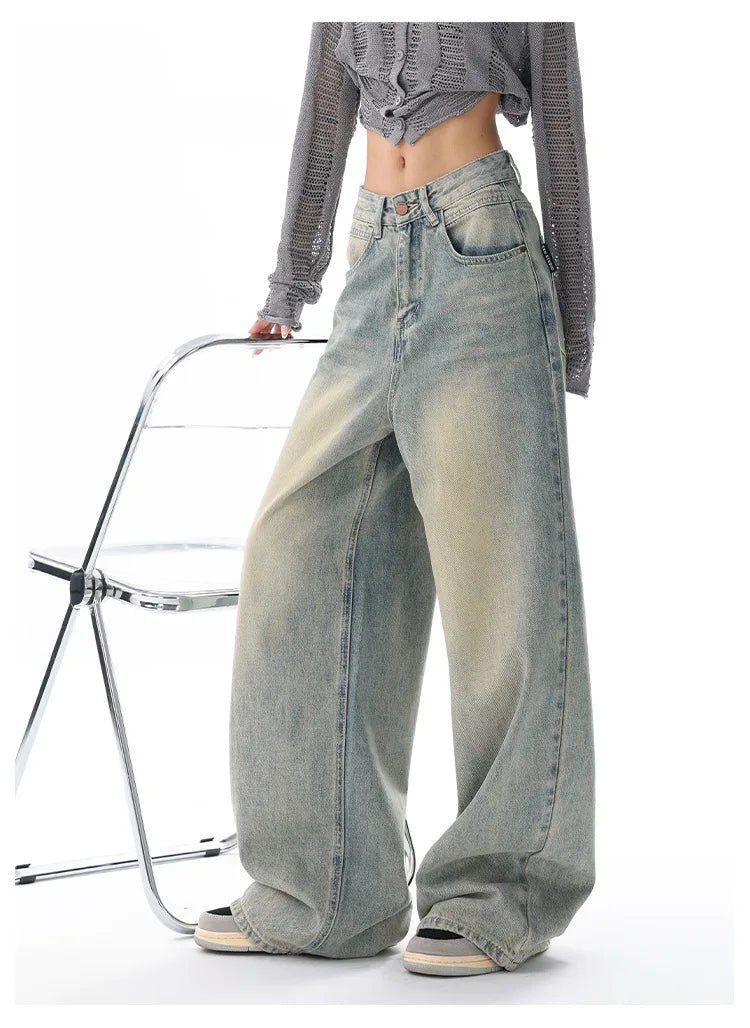 Personality Street Vintage Light Blue Wide-leg Jeans, Spring and Summer New Fashion Casual Loose Floor Length Jeans for Women