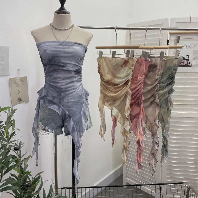 Women's Tie Dye Ruffled Ribbon Mesh Tube Top Irregular Mesh Sleeveless Tube Top Sexy Backless Vest Party Leisure Essential 9956
