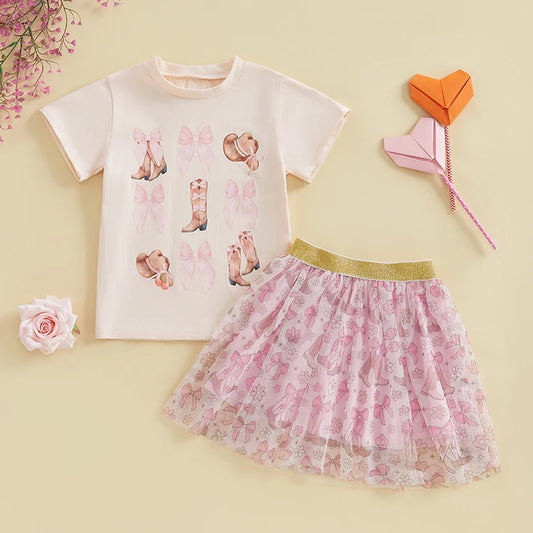 Infant Girls 2-Piece Summer Set with Short Sleeve Bow Boots Print Top and Tulle Skirt Cute Baby Western Outfit