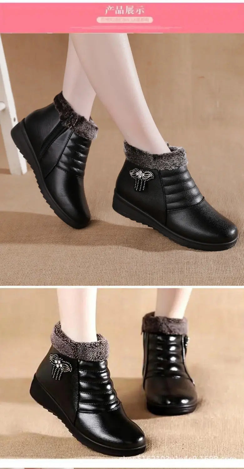 2025 Winter Women Shoes Woman Leather Waterproof Flat Ankle Boots Elderly Plus Size Plush Warm Snow Boots Mother Cotton Shoes