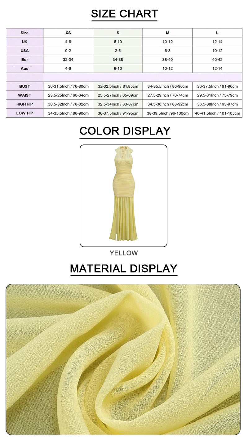 VC Yellow Halter Neck Tie Closure Ruched Long Dress Mesh Key Hole High Slit Pleated Celebrity Birthday Party Cocktail Dress