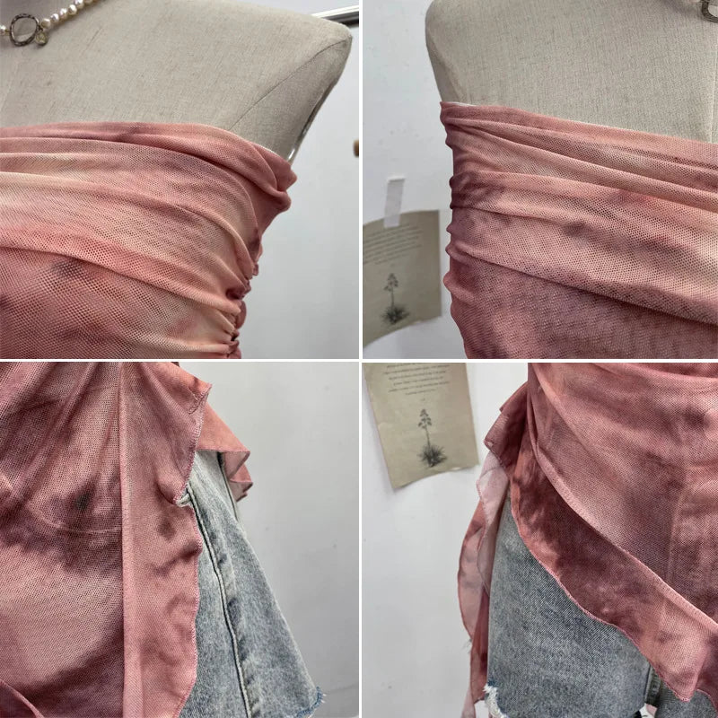 Women's Tie Dye Ruffled Ribbon Mesh Tube Top Irregular Mesh Sleeveless Tube Top Sexy Backless Vest Party Leisure Essential 9956