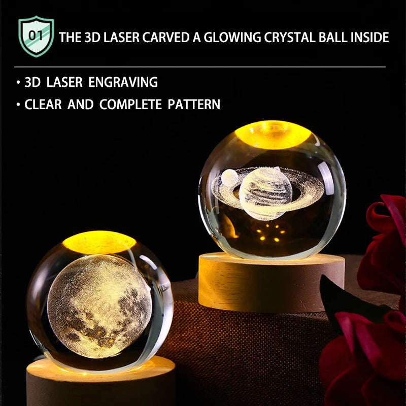Luminous Crystal Ball LED Night Light Saturn Solar System 3D Moon Table Lamp USB Bedroom Atmosphere Lamp for Birthday Kid Gift