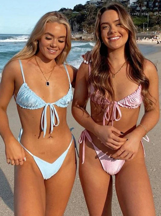OIINAA Sexy Bikini Set Women Swimsuit Two-Piece Lace Up Pleated Female Swimwear Backless Bathing 2025 Summer Fashion Beachwear