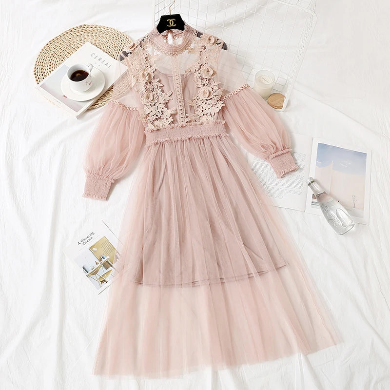Lace Flower Dress Women Lantern Sleeve Voile Long Dress Female Hook Princess Dresses 2 Piece Set New Robe Vestidos 12041